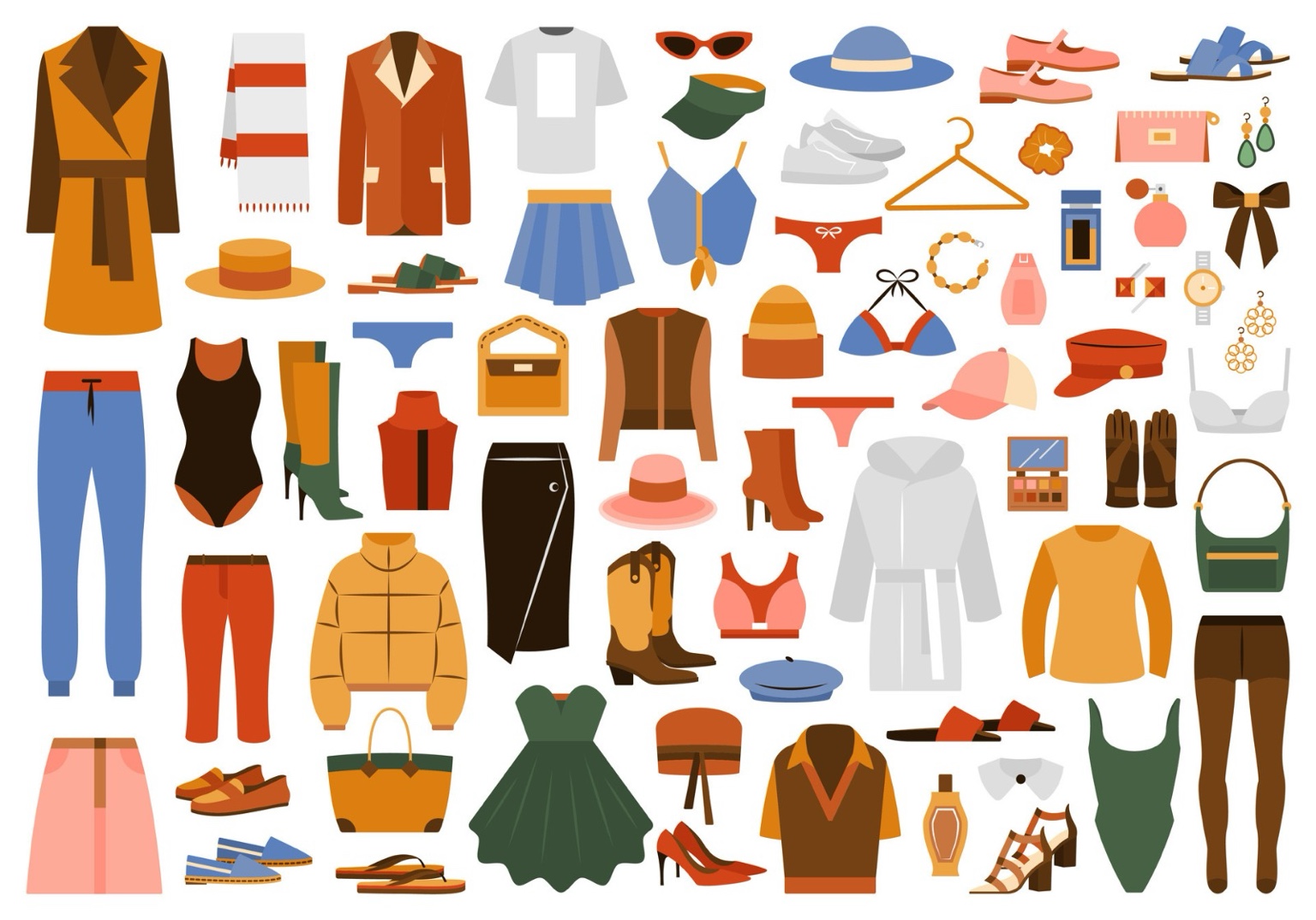 Illustrated collection of clothing, footwear, bags and accessories